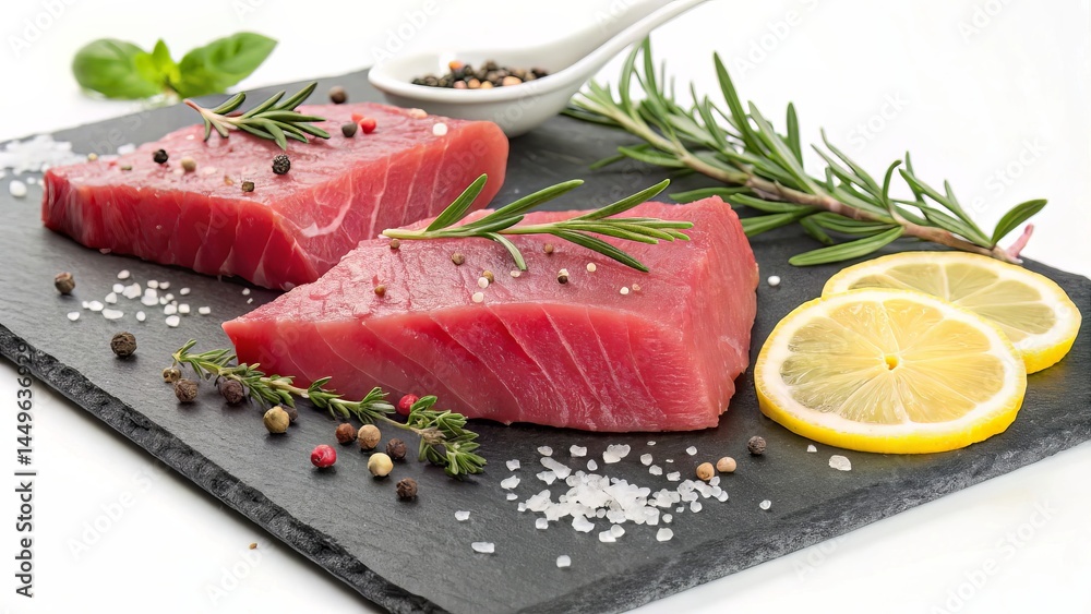 Raw tuna steaks on a slate surface garnished with herbs, salt, pepper, and lemon slices, presented as a gourmet dish. Raw tuna steaks on a slate surface garnished with herbs, salt, pepper, and lemon slices, presented as a gourmet dish.