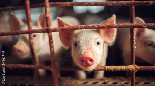 Piglet looking through metal cage in pig farm