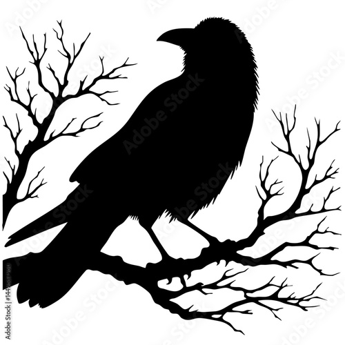 Crow Silhouette on Bare Branches: Gothic Bird Art