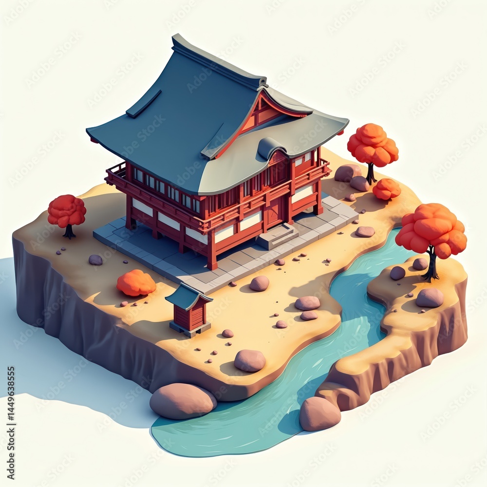 Isometric illustration traditional Japanese house. Wooden structure features gray roof, small garden, bridge, water. Serene scene in zen garden with trees, stones. Asian architecture, home design.