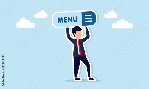 Businessman holding a sign with the word menu and a list, illustration of a call, persuasion, or campaign to check the menu list. photo