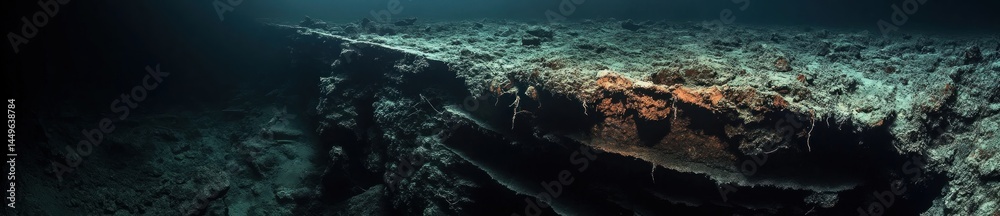 Obraz premium Sunlit shipwreck rests on ocean floor; dark, mysterious background; underwater exploration