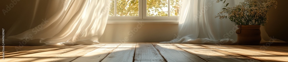 Fototapeta premium Sunlit wooden floor, sheer curtains, plants, window. Calm interior design