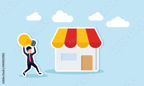 Businessman carrying a lit lamp toward a shop or house, illustration of presenting a business idea