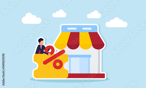 Businessman taking a percentage from a voucher near a store, illustration of business strategy in the form of promo sales
