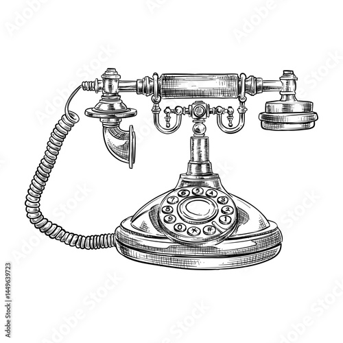 vintage telephone vector line art hand drawn illustration