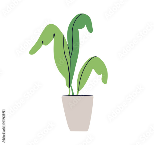 Green plant growing in pot. Interior houseplant. Leaf in room flowerpot. Foliage decor, leaves, indoor home greenery, botanical decoration. Flat vector illustration isolated on white background.