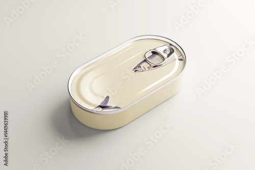 Sealed tin can featuring a minimalist fish illustration on a neutral background.