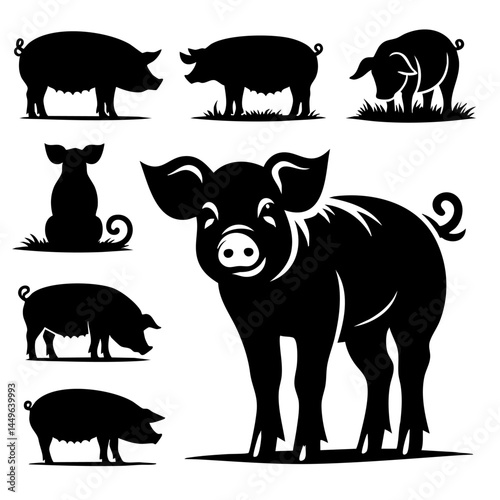 Silhouette of Pigs: Farm Animals Vector Graphics