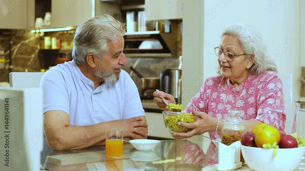 Happy retired senior indian couple eating healthy breakfast together, Romantic elderly husband wife sharing food at table, Love and bonding. Retirement life.