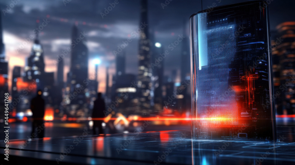 Fototapeta premium Futuristic cityscape with holographic technology urban setting digital art nighttime perspective innovation