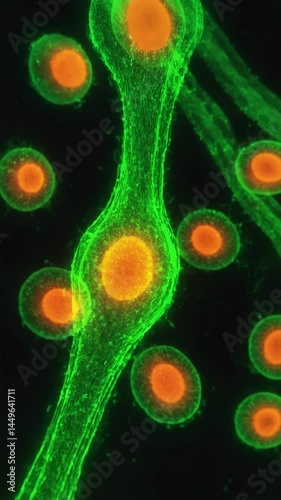 Close-up of microscope slide showing cell structures under intense magnification. Sharp detail, soft lab background, vibrant biological forms.

