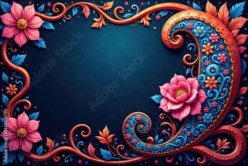 Intricate paisley floral swirls, vibrant hues, repeat, wallpaper, textile