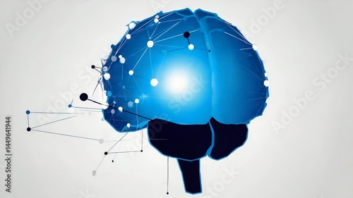 Abstract representation of human brain with glowing neuron network on black background. AI meets biology, sharp lines, conceptual design.
