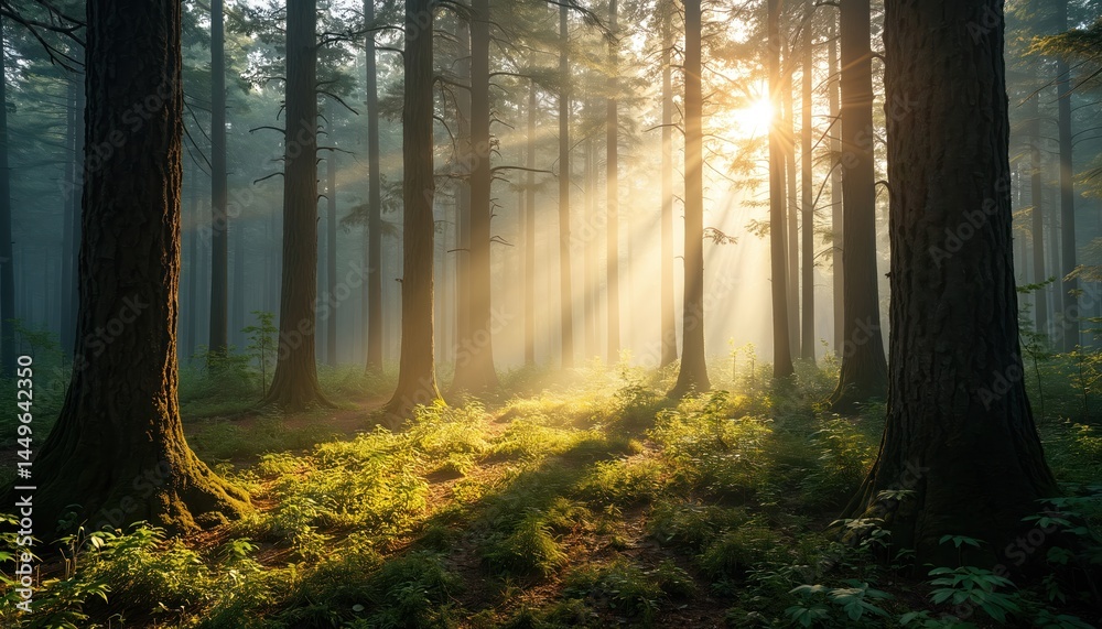 Obraz premium Sunlight streams through tall trees in a forest. Rays of light illuminate rich green undergrowth. Tranquil scene shows interplay of light shadow evoking calmness peace. Trail leads into sunlit woods.