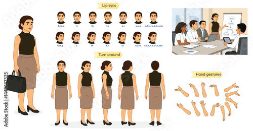 Business Female/ Woman Character Model Sheet – Office Setting Illustration. Business woman Creation Set, Animation Character, 2d Animated Character, Character Model sheet. Female Character Turnaround 