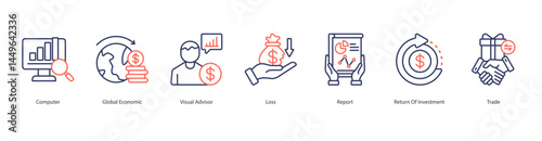 Global Analysis icon sheet computer, global economic, visual advisor, loss, report, return of investment, trade