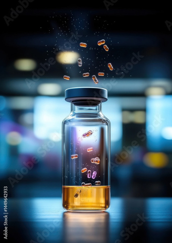 Explosive release of colorful capsules laboratory setting still life high-tech environment close-up view pharmaceutical innovation