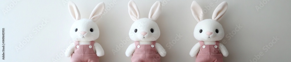 Three plush bunnies in overalls on white. Baby room decor
