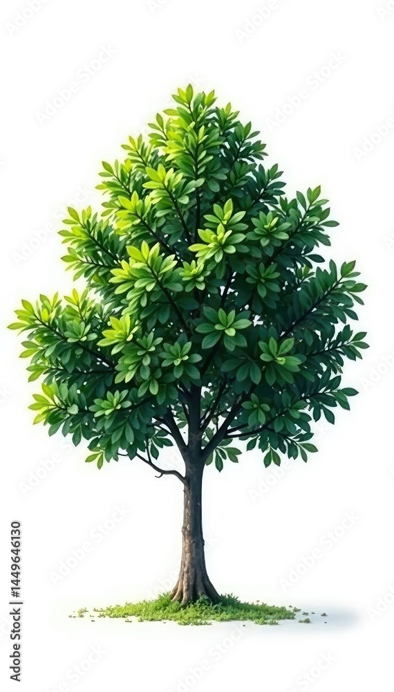 Fototapeta premium Dense foliage surrounds a single tree on a stark white background, solitude, isolated tree, minimalist