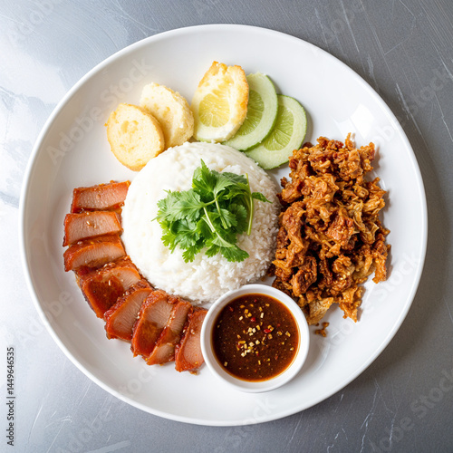 Fotografie Thai food Kao moo dang, Red pork and crispy pork on rice with sauce