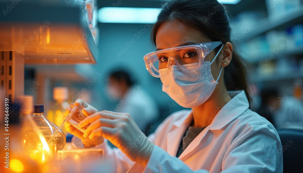 Scientist works in modern pharmacology lab, wearing mask and glasses. Experimentation and analysis research with advanced technology. Biotechnology, pharmaceutical research. Health care innovation.