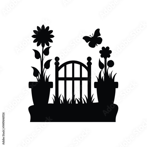 Black silhouette of a garden with flower pots, sunflower, butterfly, and picket fence