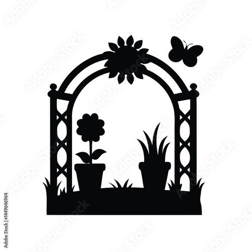 Black silhouette of a garden with flower pots, sunflower, butterfly, and picket fence