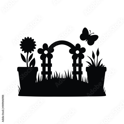 Black silhouette of a garden with flower pots, sunflower, butterfly, and picket fence