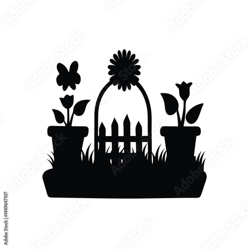 Black silhouette of a garden with flower pots, sunflower, butterfly, and picket fence