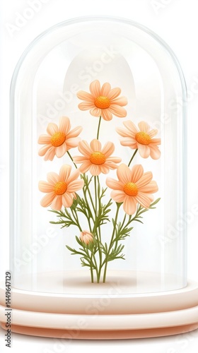 Podium chamomile skincare. A cluster of orange daisies is displayed inside a glass dome on a round base, creating a delicate and elegant botanical arrangement.