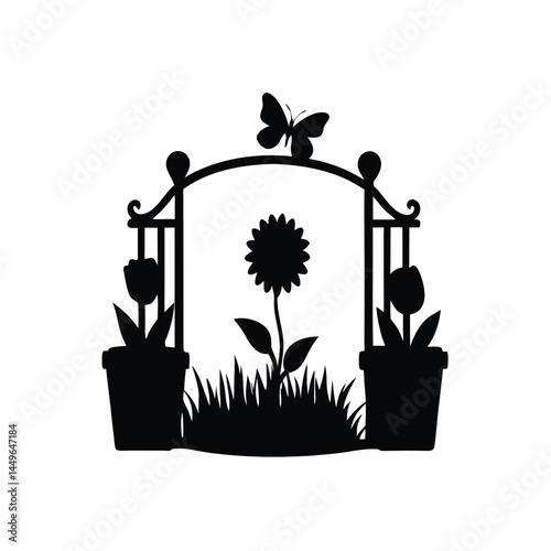 Black silhouette of a garden with flower pots, sunflower, butterfly, and picket fence