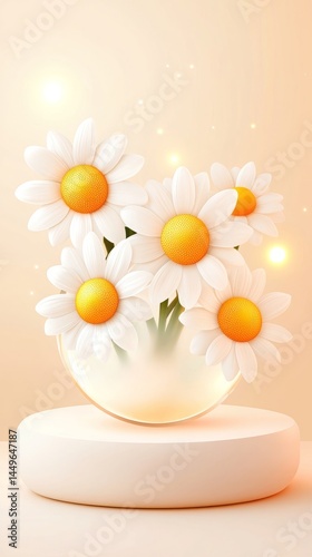 Podium chamomile skincare. White daisies with yellow centers arranged in a round glass vase on a soft, glowing background.