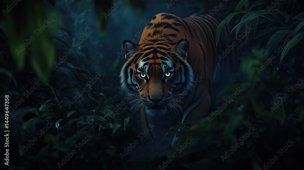 Fototapeta premium Tiger stalking through jungle at night