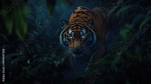 Fototapeta Naklejka Na Ścianę i Meble -  Tiger stalking through jungle at night