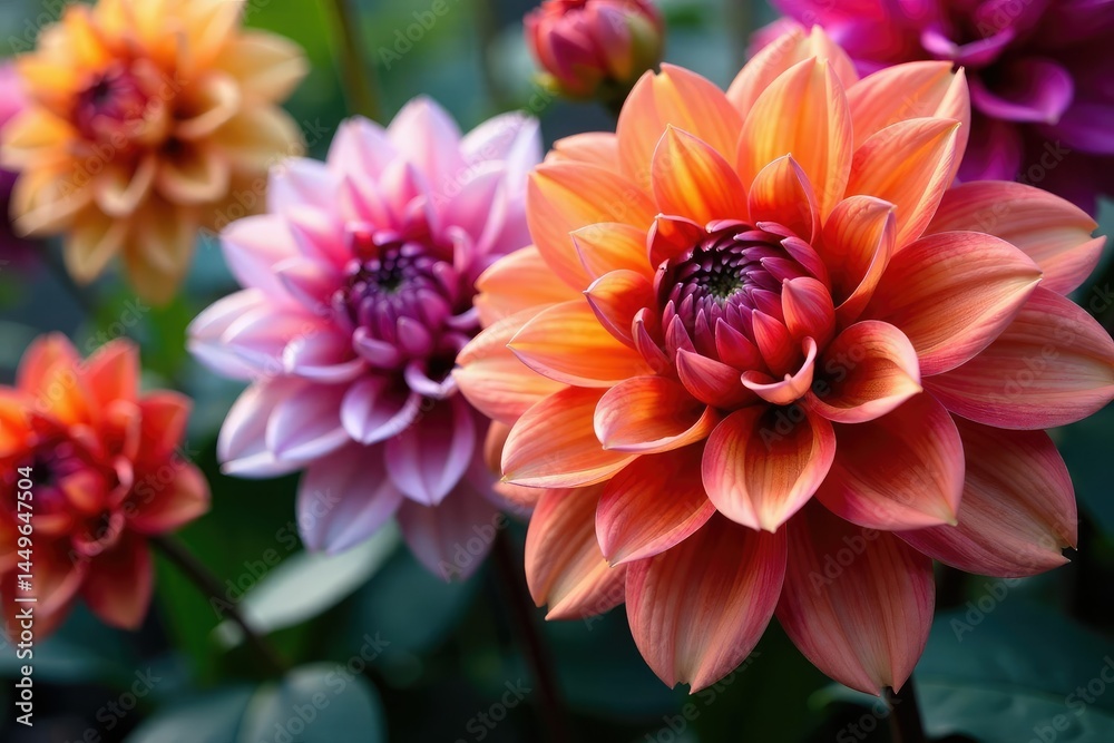 Obraz premium Intricate dahlia blooms, vibrant colors, close-up view, print, photography, flower