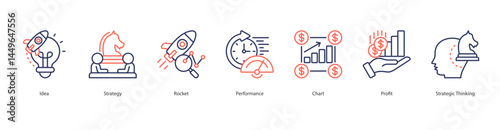 Strategic Growth icon sheet vector illustration idea, strategy, rocket, performance, chart, profit, strategic thinking