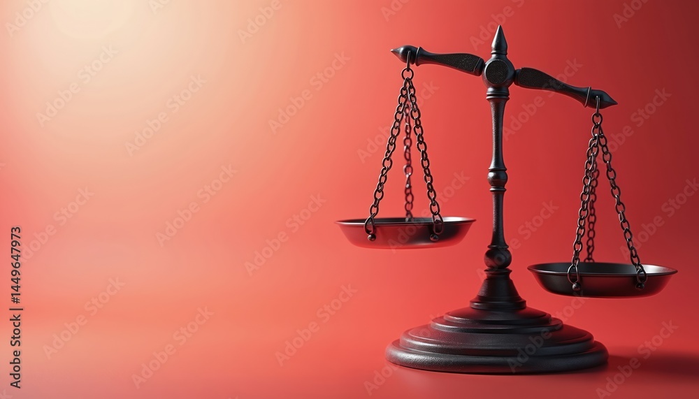 Modern illustration of balance scale against gradient red background. Justice fairness equality. Legal system concept, law theme, weight decision truth judgment, court, governance, authority, right.