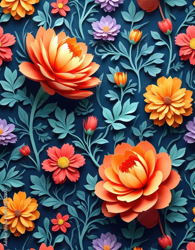 Seamless floral pattern background. Visual illustration of colorful flowers with leaves on dark blue. Repeating nature design for textile, wallpaper, fabric print. Botanical ornament.