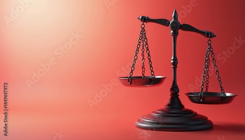 Obraz na płótnie Modern illustration of balance scale against gradient red background. Justice fairness equality. Legal system concept, law theme, weight decision truth judgment, court, governance, authority, right. w salonie