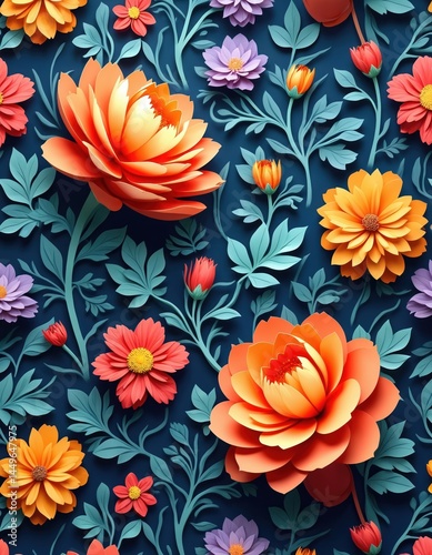 Obraz na płótnie Seamless floral pattern background. Visual illustration of colorful flowers with leaves on dark blue. Repeating nature design for textile, wallpaper, fabric print. Botanical ornament. w salonie