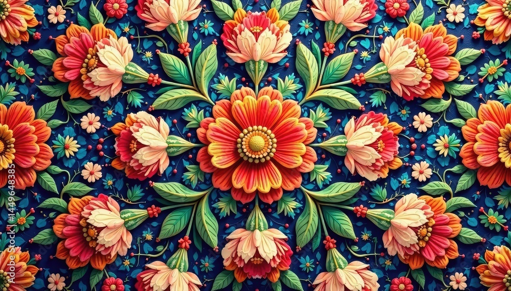 Fototapeta premium Intricate floral textile design, repeating motif, spring, retro, pattern