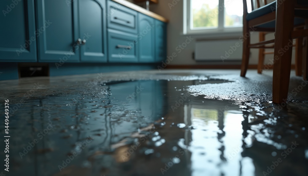 Kitchen flooded after water leak. Wet floor with water, damage concept. Problem in apartment with insurance theme, property damage. Home interior needs repair. Leaking pipe sink flooded floor. Water