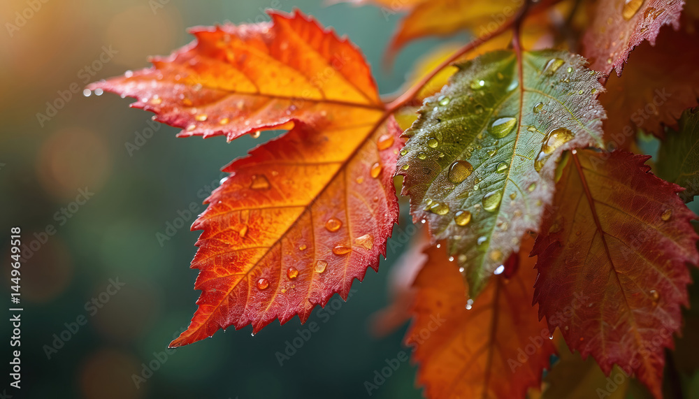 Autumn leaves with raindrops. Close-up view of colorful foliage. Wet leaf with water drops. Fall season concept. Freshness, nature, macro photography. Orange, red and green colors.