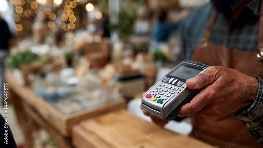Close-up of a customer making a contactless payment with a credit card in a local store, card hovering above the terminal, warm retail setting – Generative AI