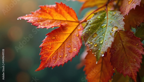 Obraz na płótnie Autumn leaves with raindrops. Close-up view of colorful foliage. Wet leaf with water drops. Fall season concept. Freshness, nature, macro photography. Orange, red and green colors. w salonie