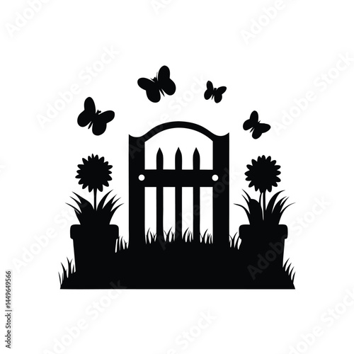 Black silhouette of a garden with flower pots, sunflower, butterfly, and picket fence