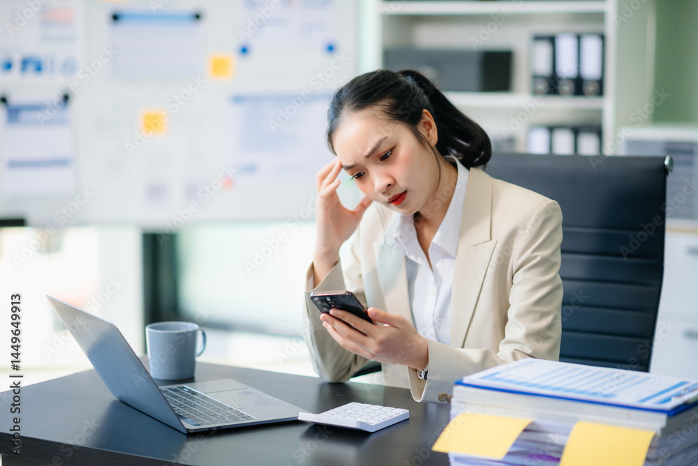 Asian woman talking on the phone with a customer Young positive female accountant using smartphone talking Asian woman talking on the phone with a customer Young positive female accountant using smartphone talking