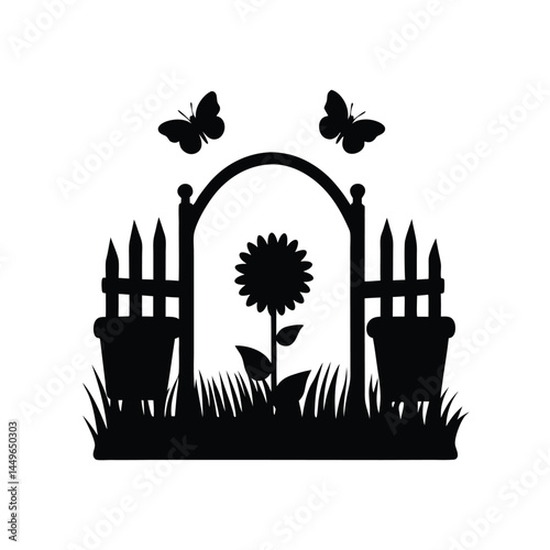 Black silhouette of a garden with flower pots, sunflower, butterfly, and picket fence