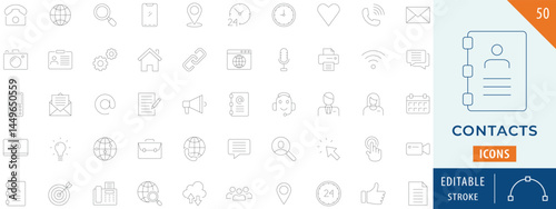 Contacts icon collection set. Containing call, email, home, address, location, and more. Editable stroke